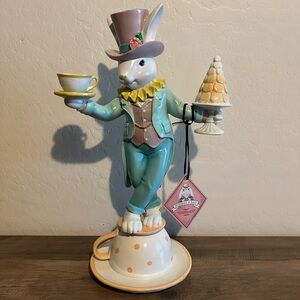 Tophat & Tail White Bunny Rabbit w/ Hat, Teacups & Macarons Resin Easter Figural